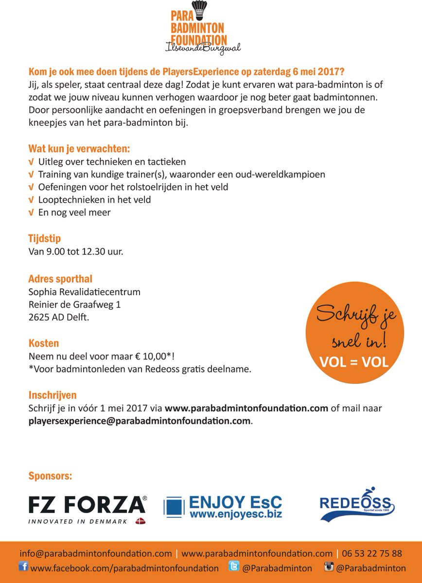 Kom jij mee doen met de PlayersExperience van 6 mei bij Redeoss in Delft? Schrijf je nu in! <a href="/BadmintonNLD/">BADMlNTON NEDERLAND</a> <a href="/FZ_FORZA/">FZ FORZA</a>