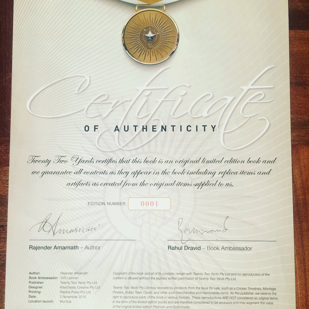 Our GOLD book includes a Certificate of Authenticity individually numbered &amp; signed by our books Ambassador, Rahul Dravid #indiantestcricket