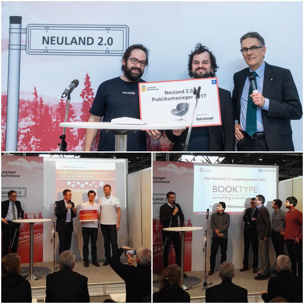 buchmesse's tweet photo. #Neuland 2.0 auf der #lbm17: Das sind die drei Gewinner @Booktypo, @sciflow_net &amp; Isle Audio https://t.co/9yq6Eozebh https://t.co/W0BT6kqTTo