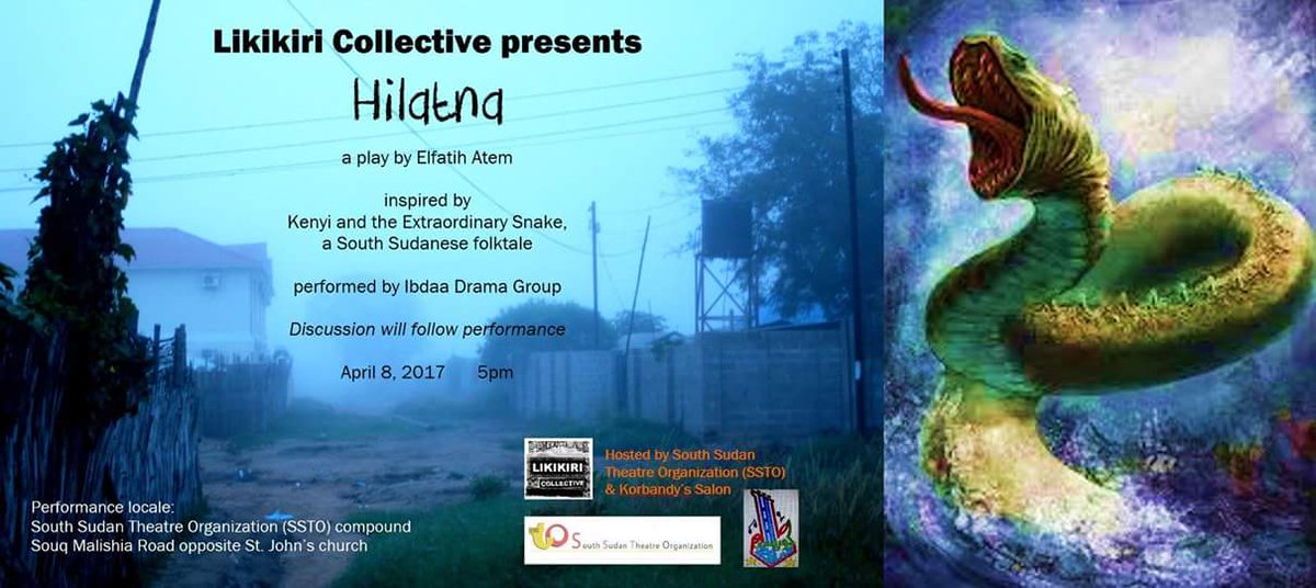 likikiri's tweet photo. Likikiri presents new play inspired by Kenyi #folktale 4/8 5pm #Juba @ssfolktales @Afrikult @JaladaAfrica @kwanitrust @gandairi @Writivism https://t.co/jlUF4jxRNs