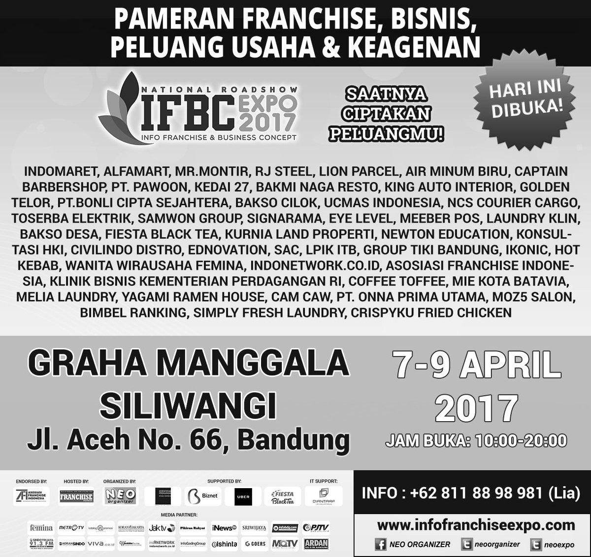 neoexpo's tweet photo. HARI INI!! Ayo, #SaatnyaCiptakanPeluangmu Berwirausaha Miliki Usaha Terkini di Pameran Franchise #IFBC2017 7-9Apr #GMSbdg Info.08118898981 https://t.co/D9JrsFvi12