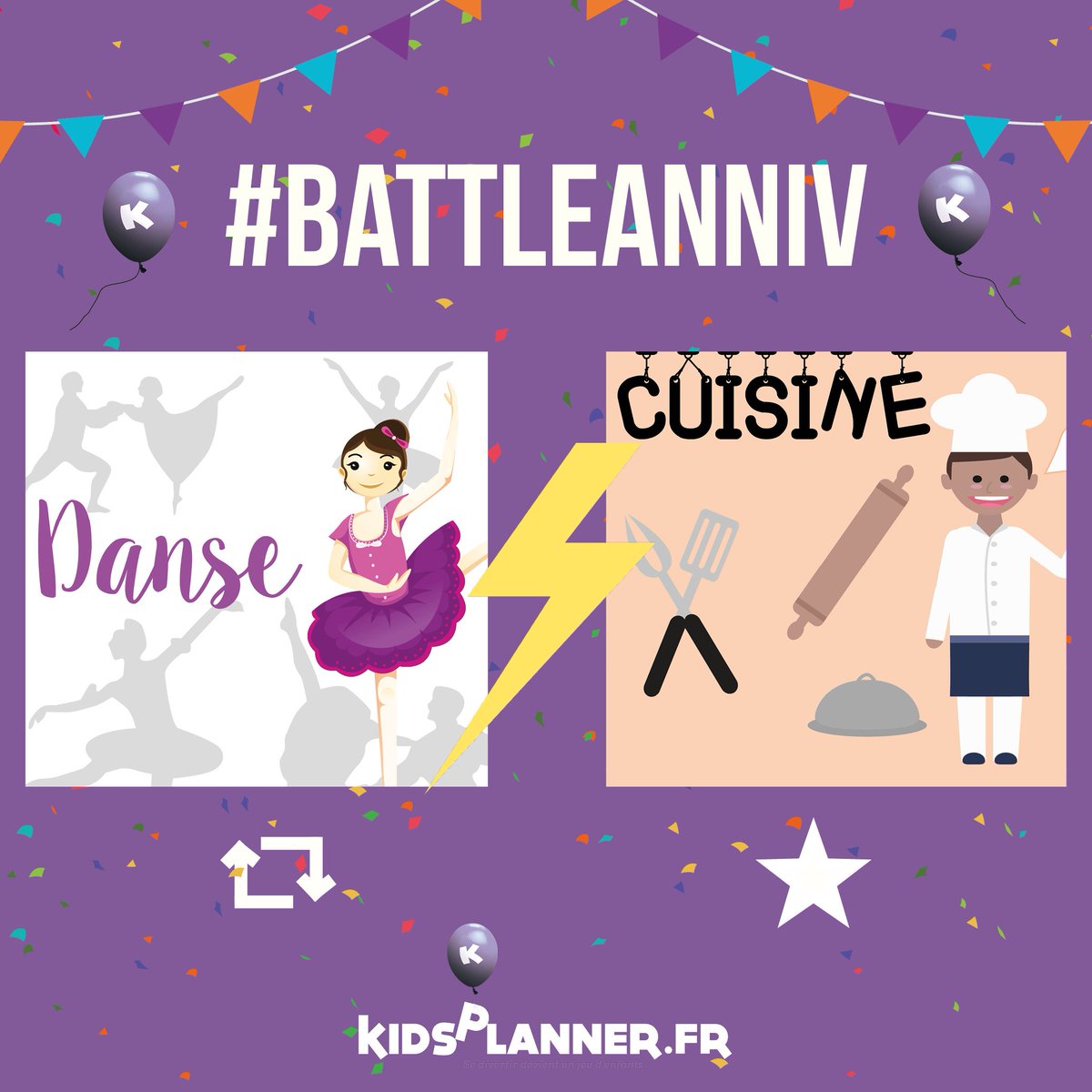 kidsplanner's tweet image. ⚡️#BATTLEANNIV⚡️
Votre loulou préfère t-il l’anniversaire Cuisine🍕🍝🍩🍳🍜🍲🍪🍰 ou l’anniversaire Danse 💃👯 ? 
🚨 A vos votes !!! 🚨
#kidsplanner