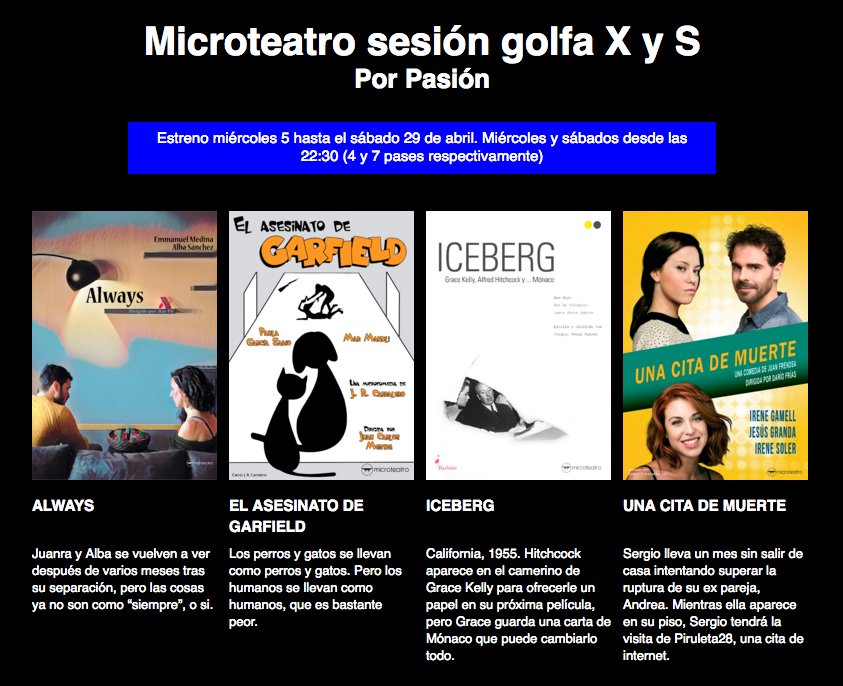 microteatro's tweet photo. Miércoles de estreno. Hoy de 22,30h a 23,45h estreno de la sesión golfa bajo la temática #PorPasión :) https://t.co/Y76F3Z1fJo https://t.co/wOwN5bmNJb