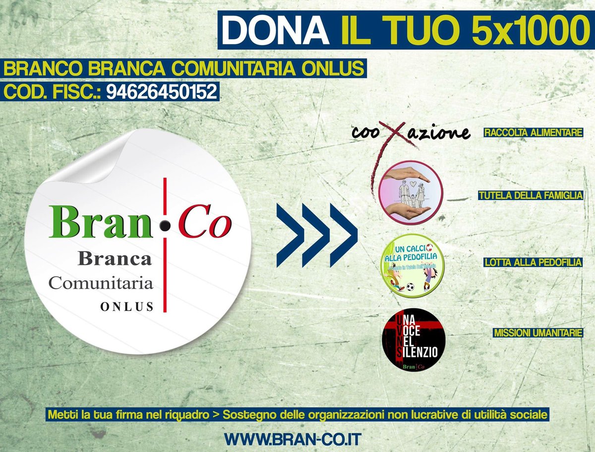 Anche quest'anno scegli di donare il tuo #5x1000 a <a href="/branco_onlus/">Bran-Co Branca Comunitaria ETS</a> a supporto delle nostra attività.