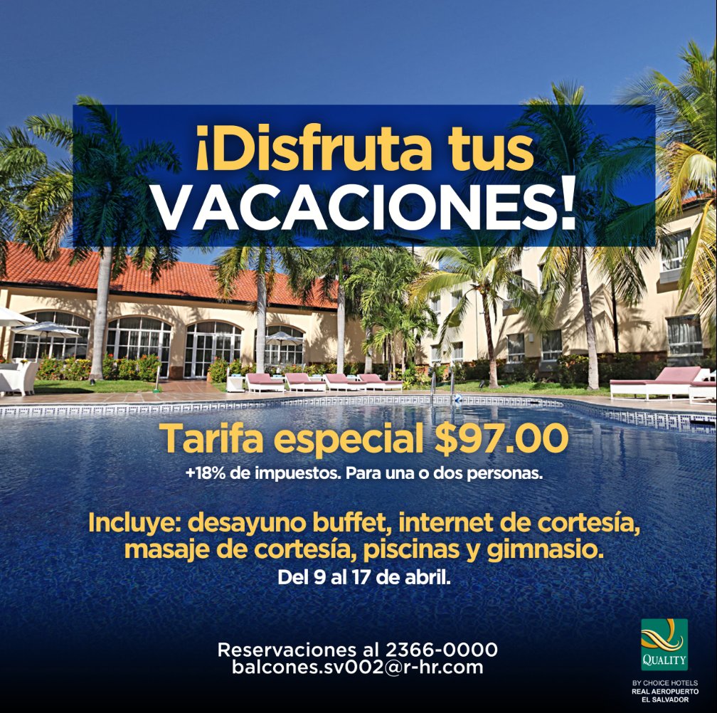 ¡Disfruta tus vacaciones!
Tarifa especial $97.00+18% de impuestos.
Para una o dos personas. Incluye desayuno buffet.
#hotelqualitysv