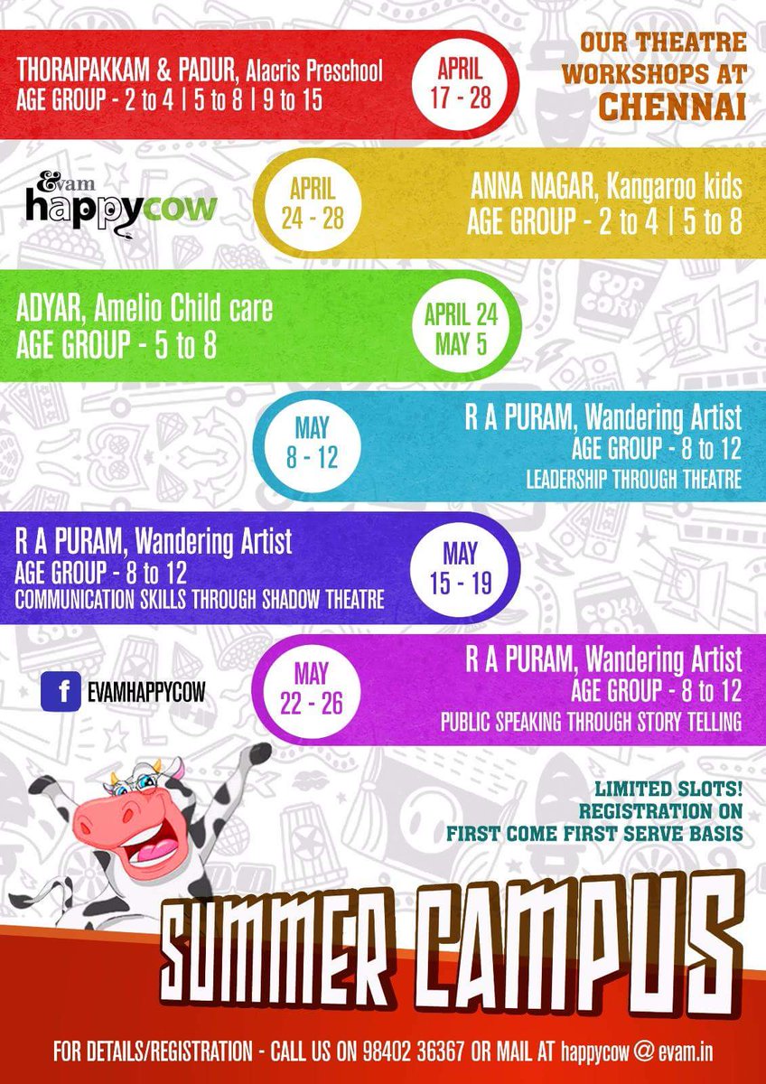 evam_entd's tweet image. #ParentsAlert - Announcing Happy Cow's 2017-18 Summer Camp across Chennai and Bangalore :) 
Call us at 9840236367 for more details.
