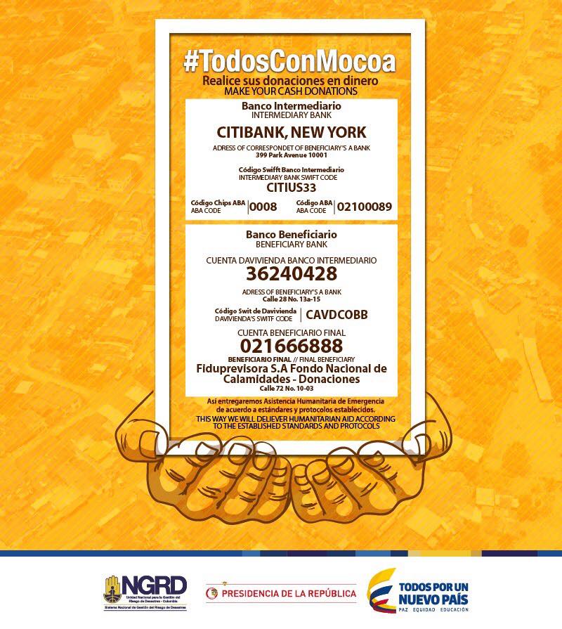 ConsuladoColSp's tweet photo. Solidarizate con el pueblo de Mocoa, con tu aporte ayudarás a muchas familias, invitamos a todos a hacer su aporte. #TodosConMocoa https://t.co/c2CNV1Korv