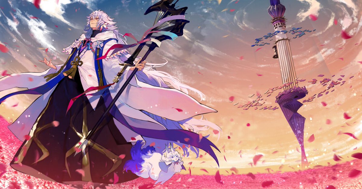 fou (fate) ,merlin (fate) long hair 1boy robe male focus petals staff holding  illustration images