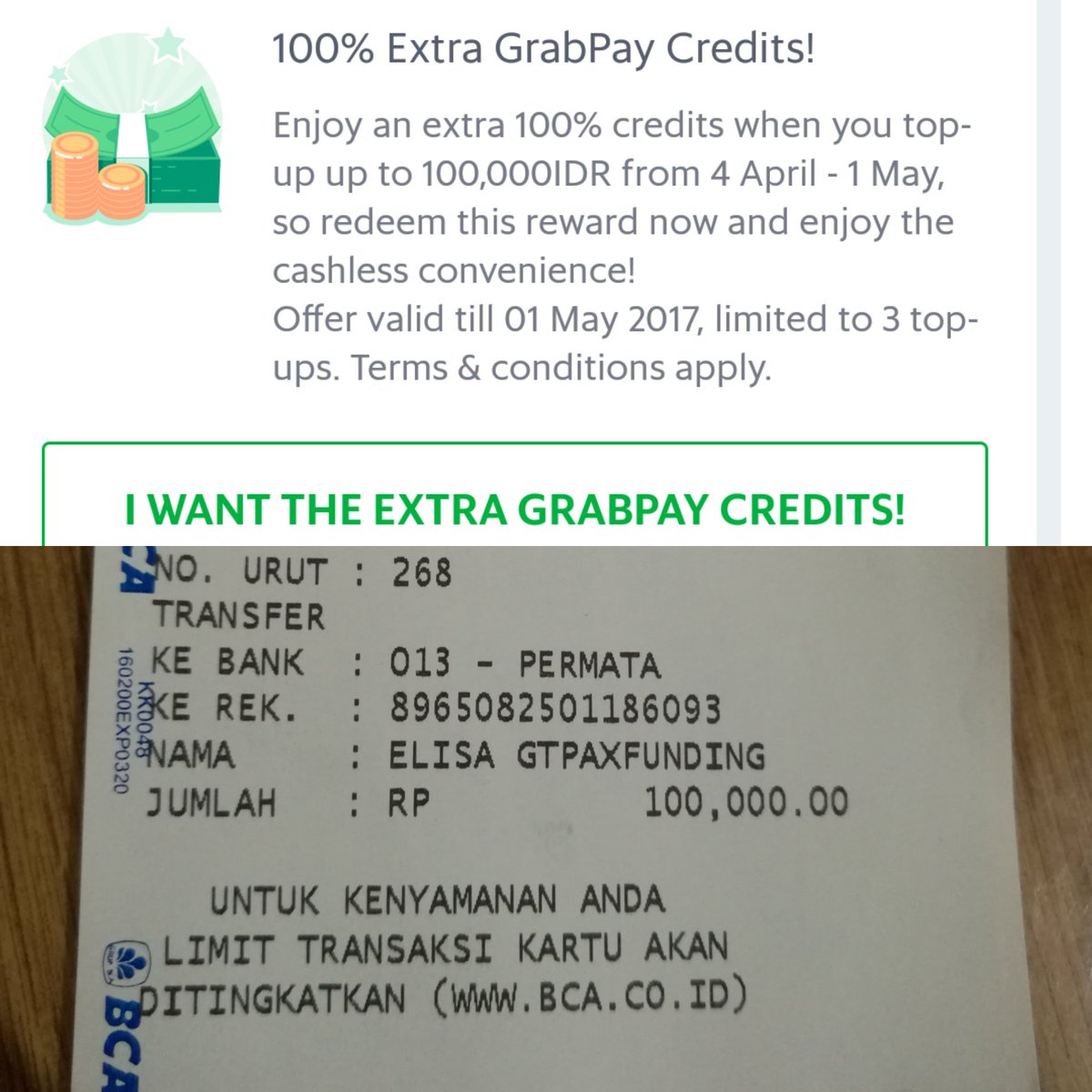 elisaelisa0309's tweet photo. @GrabID I've topped up my Grab pay. Unfortunately, I didn't get the extra 100% what you promised on ads. Please check because I feel cheated https://t.co/Iy5liGaHwh