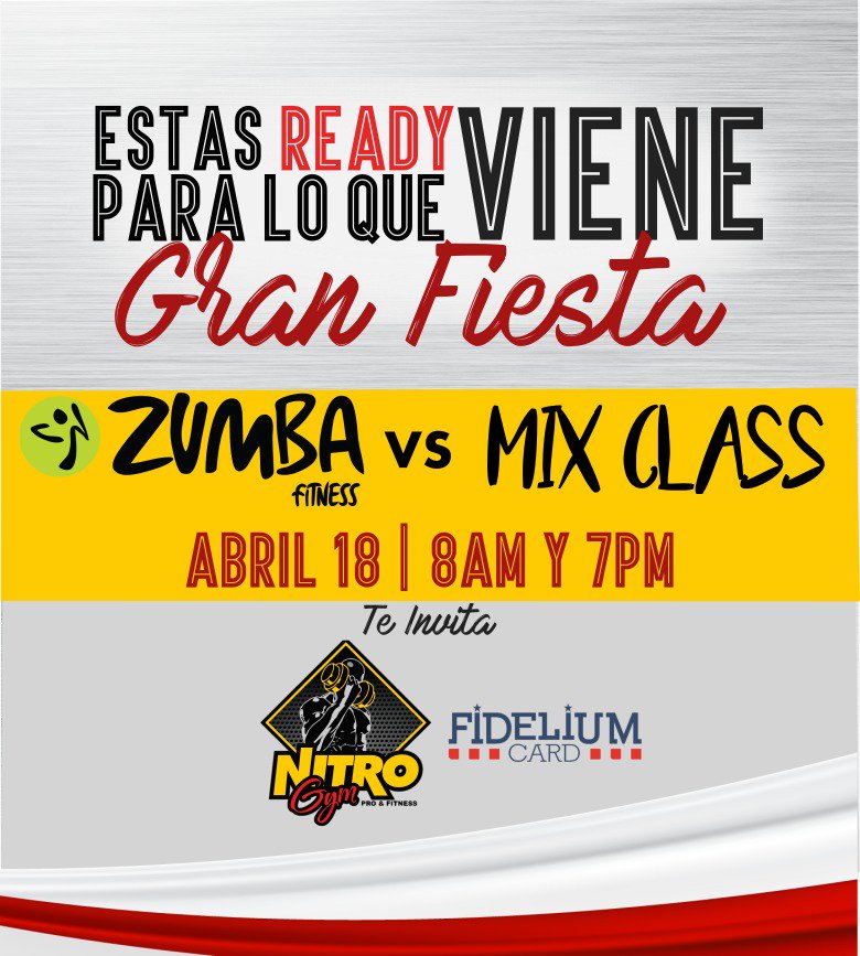 Fideliumfans's tweet photo. Reserva tu cupo ya para la gran fiesta que tiene para ti @fideliumcard y @nitrogympf con #ZumbaFitness Vs #MixClass este 18 de abril. https://t.co/8VuvOZkKxC