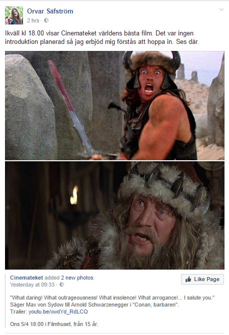 Orvar Säfström har döpt sin dotter efter Valeria i "Conan, barbaren". Han inleder vår visning av filmen i dag, 18.00 i Filmhuset.