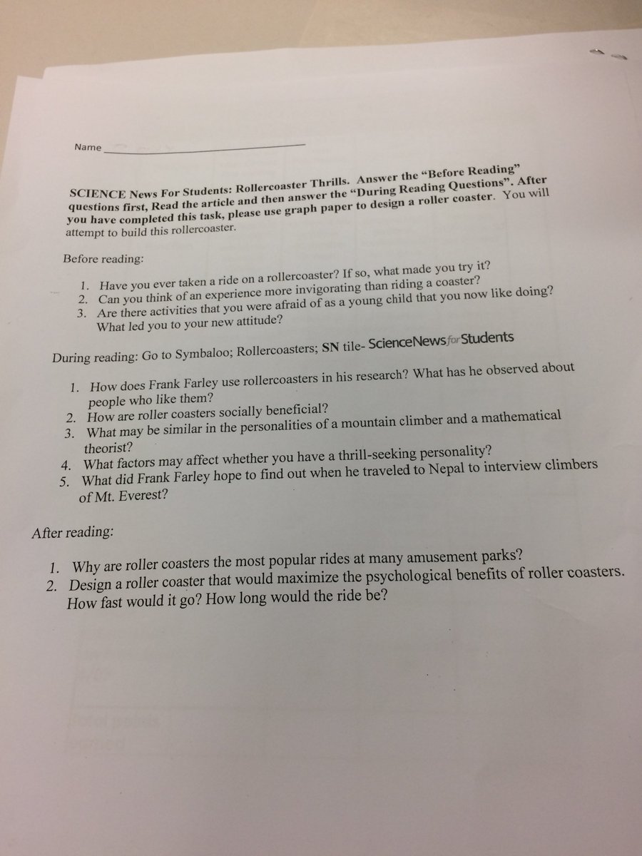 SpeasGlobal's tweet photo. #SpeasG5 #RollerCoasterProject. Ss read an article on the psychological affects of coasters and answered these questions. @WSFCS_Science https://t.co/y2xhjfDVTH
