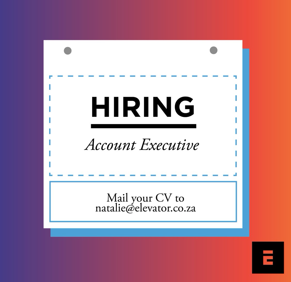 elevator_people's tweet photo. We’re looking for an intuitive &amp; motivated Account Executive to join our client service team in #Johannesburg. Email natalie@elevator.co.za. https://t.co/eACaIR1QtT
