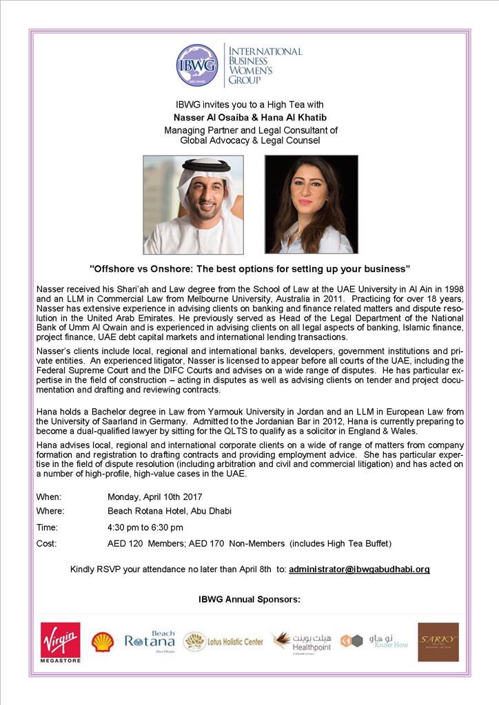 Global_Advocacy's tweet photo. Join @nasser_alosaiba & @HanaAlKhatib as they discuss options for setting up your business #inAbuDhabi #UAEstartup #UAEentrepreneur #IBWG https://t.co/D4TGzNNHU5