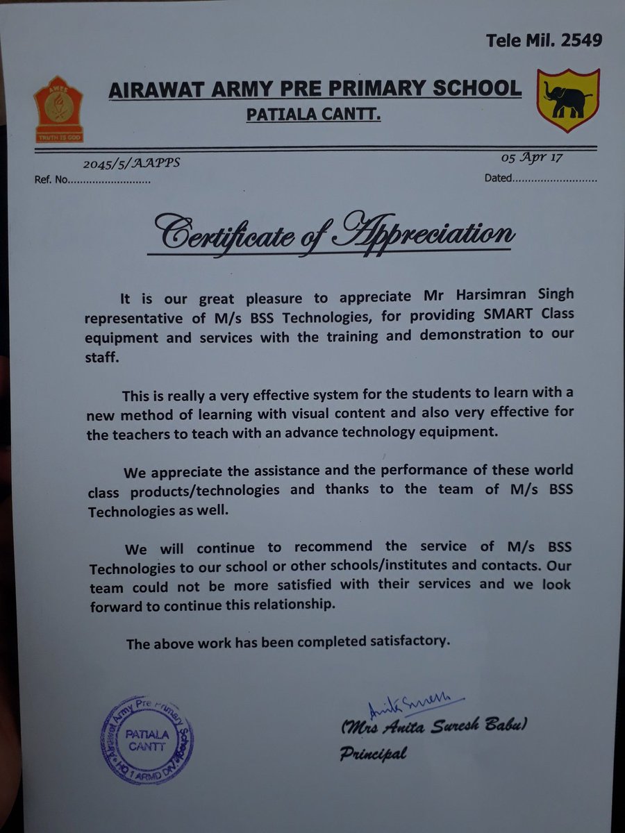 bsstechnologies's tweet photo. Appreciation Letter by ARMY School for the best work done of SMART Classroom System. 
#SMARTRoom #Army #Appreciation #BSSTech https://t.co/cMIjq1RONF
