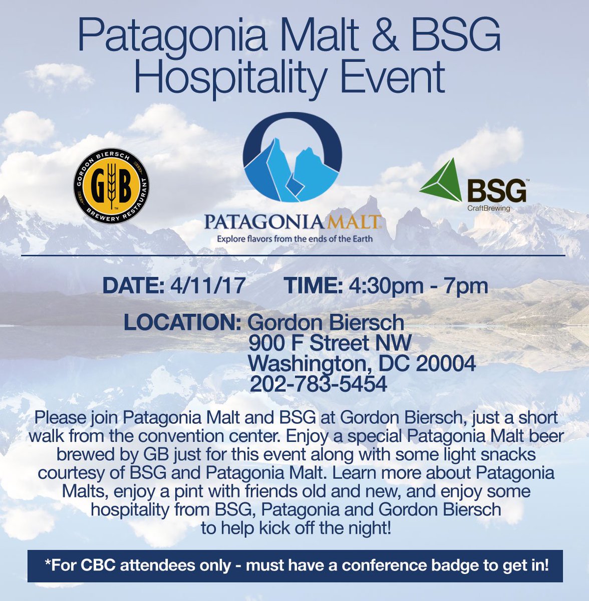 BSGCraftBrewing's tweet photo. Hey #CBC17 friends - join BSG &amp; @PatagoniaMalt on Tue 4/11 for post-seminars happy hour at @GBDC9thSt See ya there! https://t.co/V89fLT38pZ https://t.co/31oFdO6AxJ