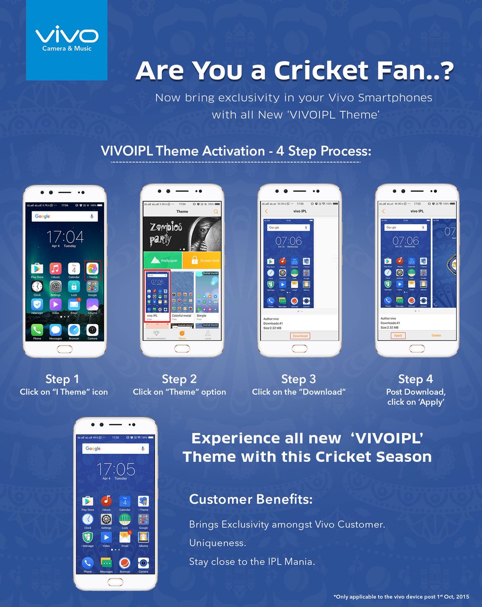 vivotraining's tweet photo. Bring exclusivity to your Vivo smartphone this IPL Season with VIVOIPL theme. 

#VIVOIPL 
#ipl https://t.co/9TkG6D2icT