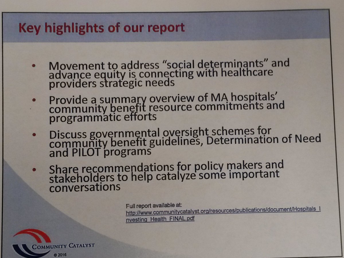 Enid Eckstein&amp;Paul Hattis share highlights of report on hospital #CommunityBenefit @MAPublicHealth <a href="/bcbsmafdn/">BCBSMA Foundation</a> #wmhen #healthequity #SDOH