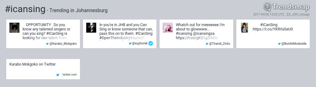 TrendsJoBurg's tweet image. #icansing is now trending in #Johannesburg

trendsmap.com/r/ZA_JOH_nnsugc