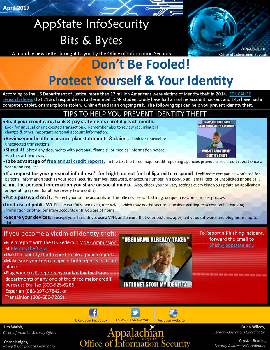 appinfosec's tweet image. Don&apos;t Be Fooled!  Protect Yourself &amp;amp; Your Identity!  Check out the April 2017 OIS Newsletter to learn more!