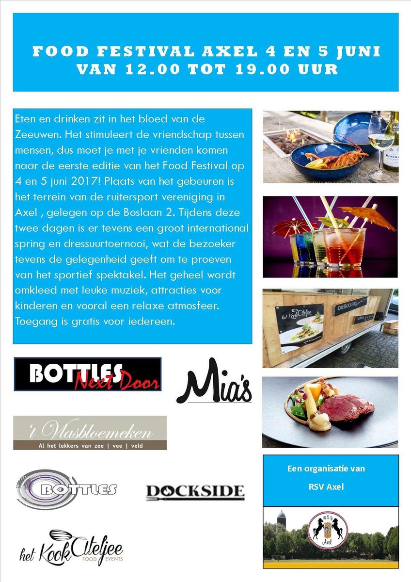 Zondag 4 en maandag 5 juni food festival <a href="/RSV_Axel/">RSV-Axel</a> kom genieten van mooie paardensport onder het genot van een lekker hapje en drankje!