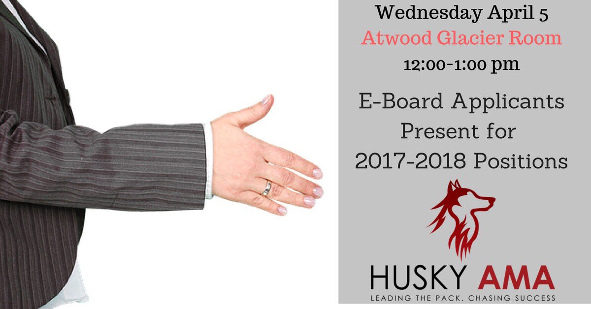 HuskyAMA's tweet image. Come on over to the Glacier Room in Atwood today to hear the E-Board applicants speak about their interest in the Husky AMA E-Board.