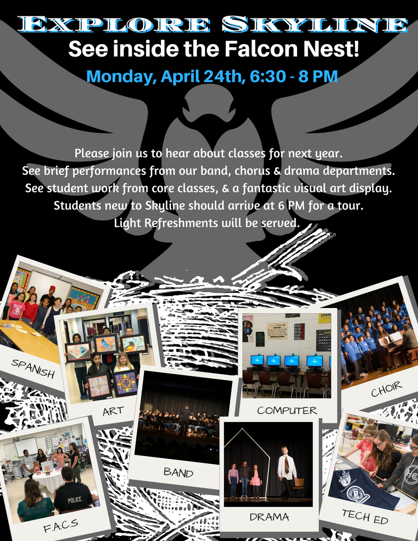 One week until our <a href="/SKMSFalcons/">Skyline Falcons</a> Celebration of Learning Event! 4/24 6pm-8pm! @HCPSNews <a href="/HCPSArts/">JR Snow</a>