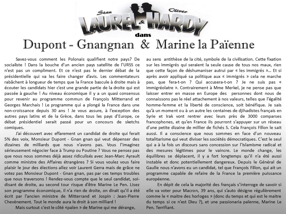 A lire "Dupont Gnan gan et Marine la paienne" les Laurel et Hardy de la po Fr #jevotefillon #FF2017 #Fillon2017 #FillonPresident #StopMacron