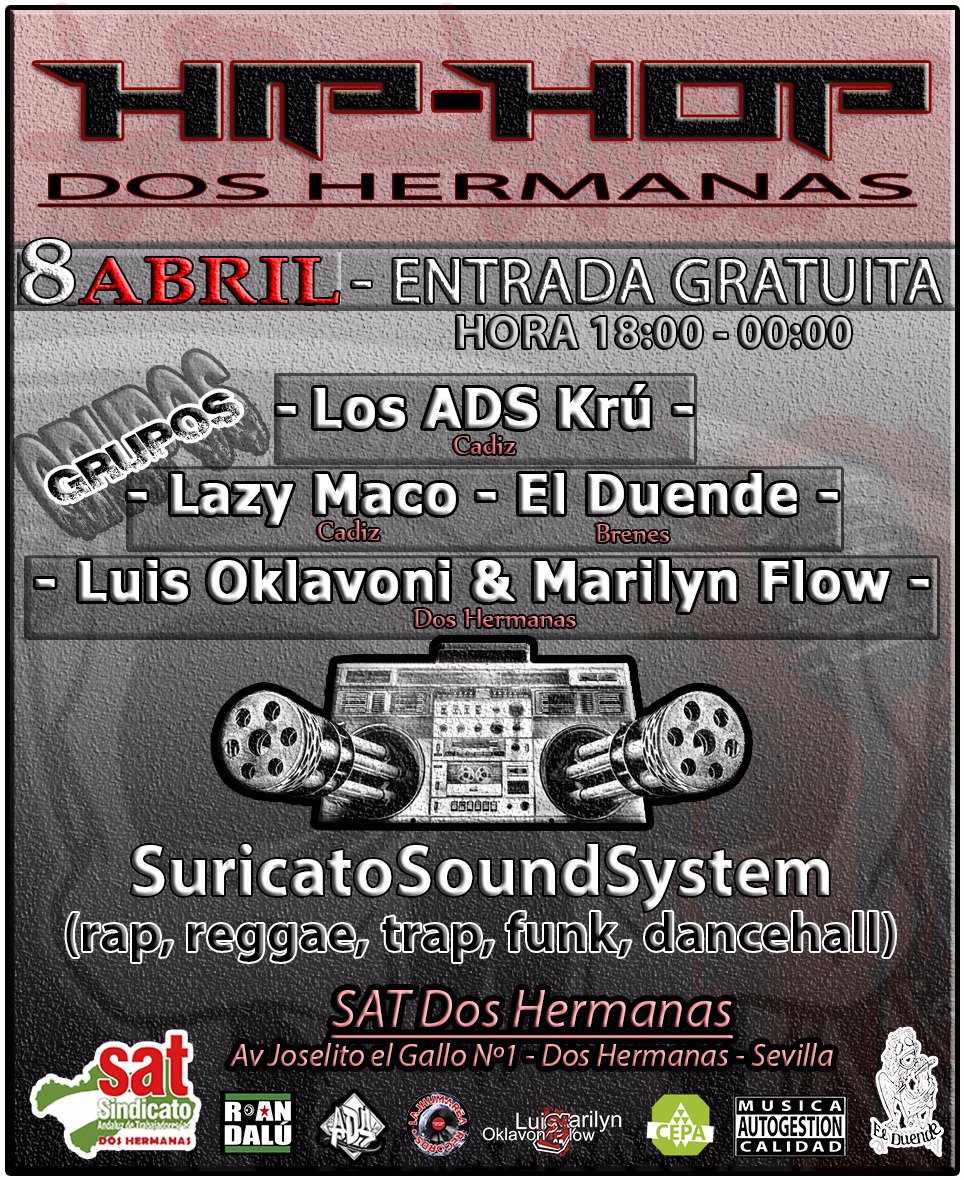 FAMILIA! Nos vemos este sábado en <a href="/Sat_DosHermanas/">SAT Dos Hermanas</a> con <a href="/LuisOklavoni/">Luis Oklavoni</a>, <a href="/marilynflow/">Marilyn Flow</a>, <a href="/ElDuendeBrenes/">Marchena Er Duende</a>, #LazyMaco, @LosADSKru #RAP #DOSHERMANAS
