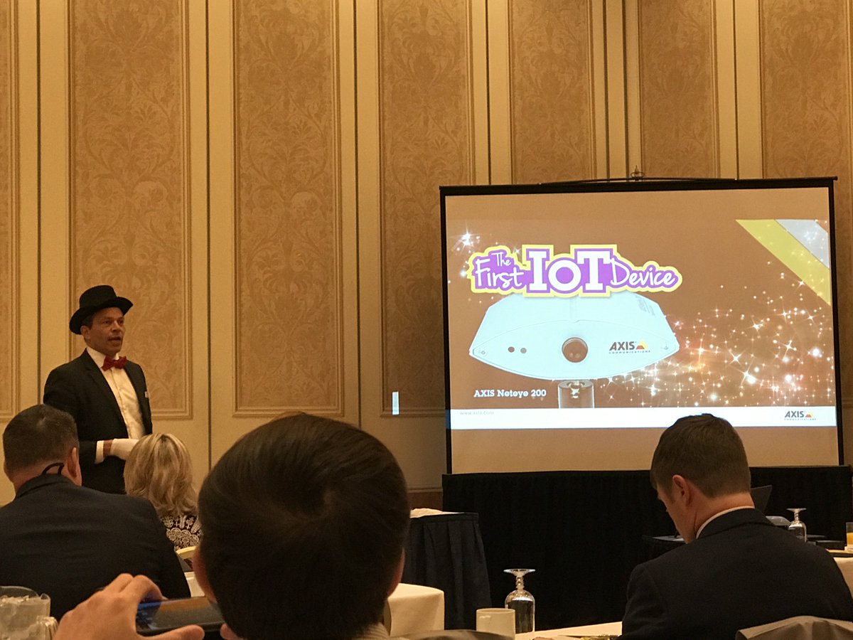 SecurToday's tweet image. Fredrik Nilsson from @Axis_NA dons the top hat and gloves for “The Magic of IOT” #ISCW17