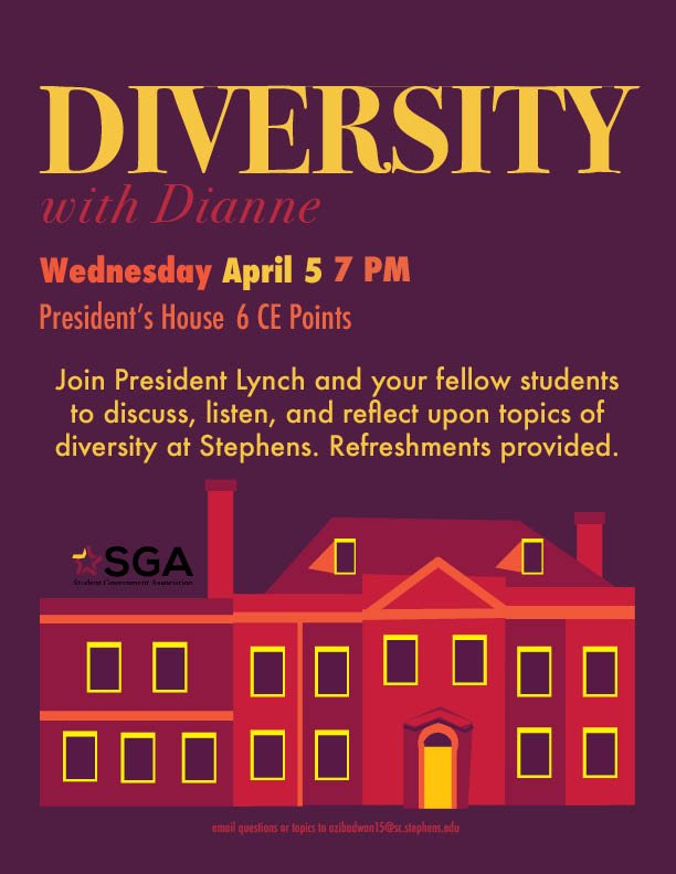 StephensSGA's tweet image. Tonight is Diversity with Dianne! There will be refreshments, 6 CE points, and progressive discussion! Don't miss out!