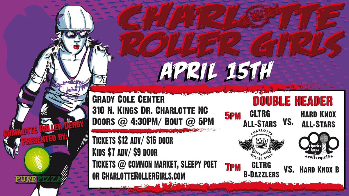 CLTrollerderby's tweet photo. Charlotte Roller Derby Double Header! April 15 @ Grady Cole Center - doors open 4:30PM https://t.co/7rivGTKXRG #charlotte #events #athletes https://t.co/4x2zNJAjW3