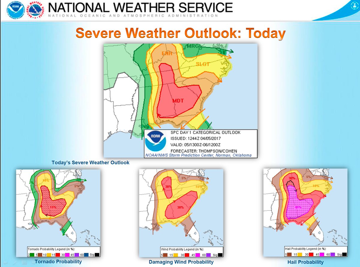 Severe weather potential between 3-9 PM &amp; 11PM-7AM.  Damaging winds, large hail, &amp; strong tornadoes are possible.