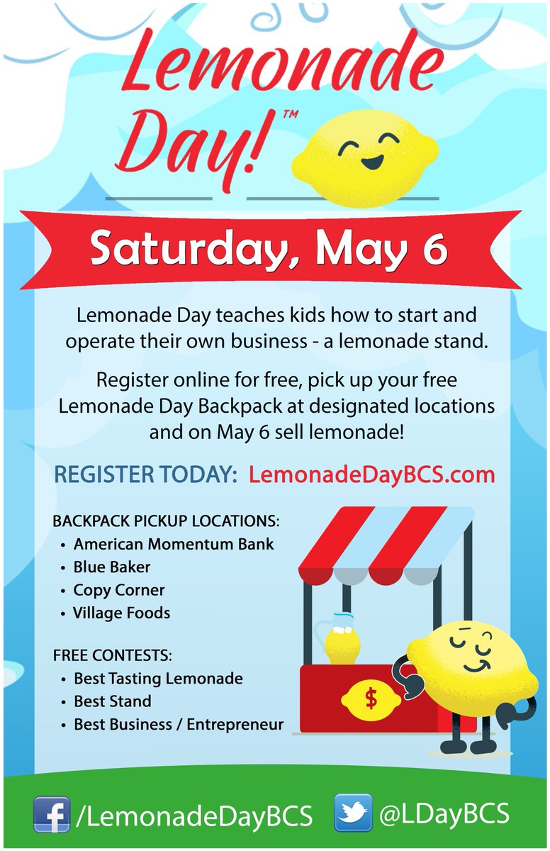 CityofCS's tweet photo. Lemonade Day #BCSTX is Saturday, May 6. Registration is underway:  https://t.co/N9smKHFVzO  #Aggieland https://t.co/8erFt8WUg7