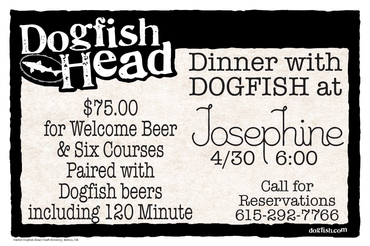 Epic beer dinner planned at <a href="/JosephineOn12th/">Josephine</a> with <a href="/dogfishbeer/">Dogfish Head Brewery</a> 4/30.  Call for tickets.