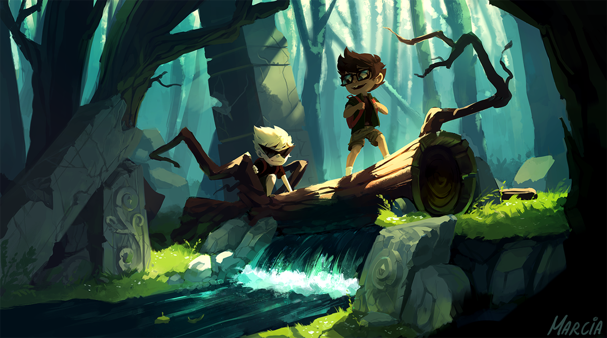marciaillust's tweet photo. Forest, ruins and adventure! What a lovely evening. #homestuck #jakeenglish #dirkstrider #digitalart #illustration https://t.co/Q52eKzjONU