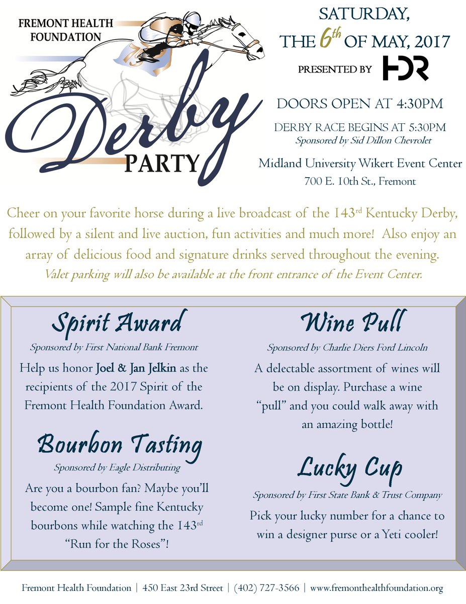 FHFoundation76's tweet photo. Please join us on Saturday, May 6, 2017 for the 5th Annual Fremont Health Foundation Derby Party! https://t.co/HsLzul4eJH
