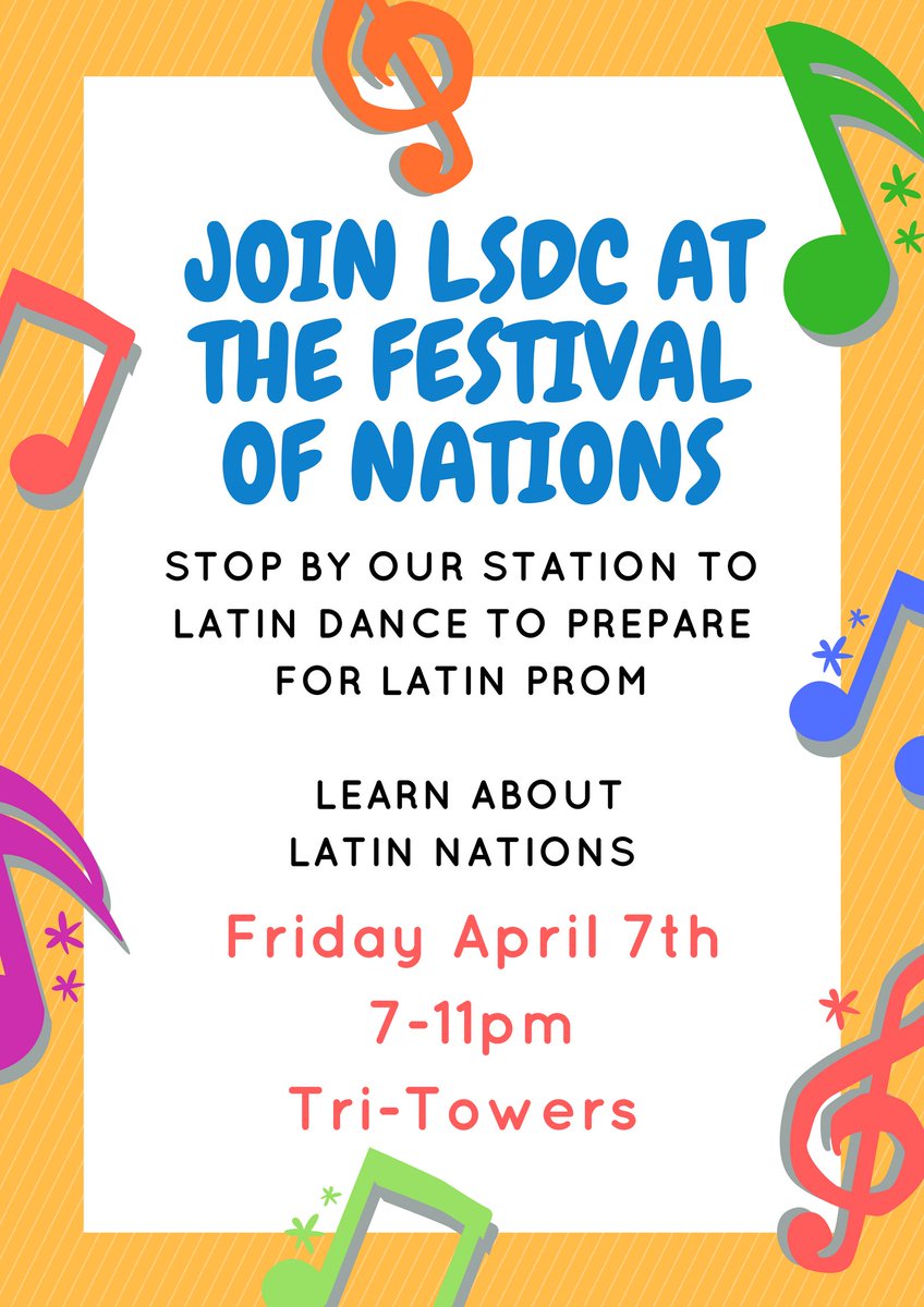 LSDClubKSU's tweet photo. 1. Meet us on Friday at Tri-Towers to celebrate the Festival of Nations with Latin dancing! https://t.co/pv12cnpzwf