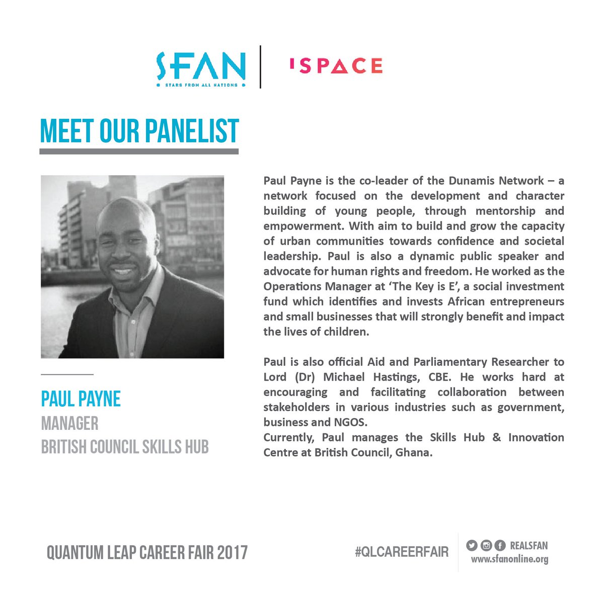 sfanonline's tweet photo. Introducing: Paul Payne, Manager, @ghBritish Skills &amp; Innovatns Hub. Details on Mr. Payne n his work: https://t.co/QJVCRwVstc 
#qlcareerfair https://t.co/qhu4Xh6I7g