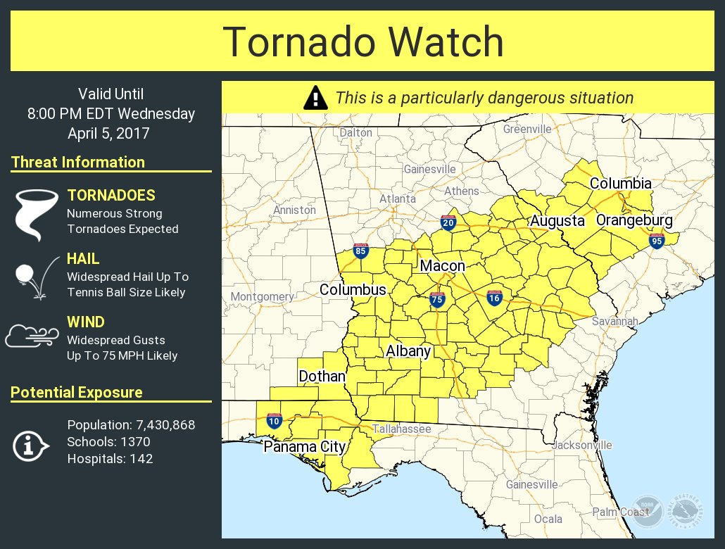 NWSCharlestonSC's tweet photo. A tornado watch has been issued for parts of Alabama, Florida, Georgia and South Carolina until 8 PM EDT https://t.co/4tGISgmiJM