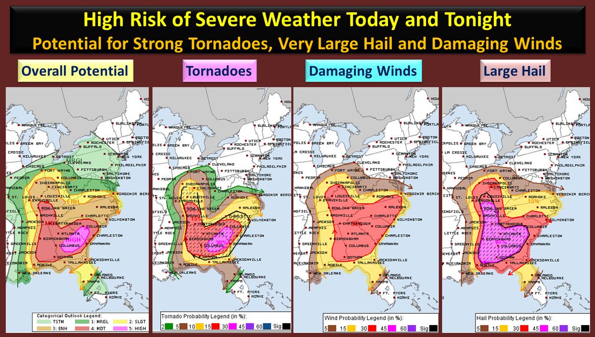 NWSEastern's tweet photo. @NWSSPC has upgraded the severe weather outlook for today and tonight to high risk across parts of the Southeast and southern Mid Atlantic. https://t.co/SC05ewpFDG