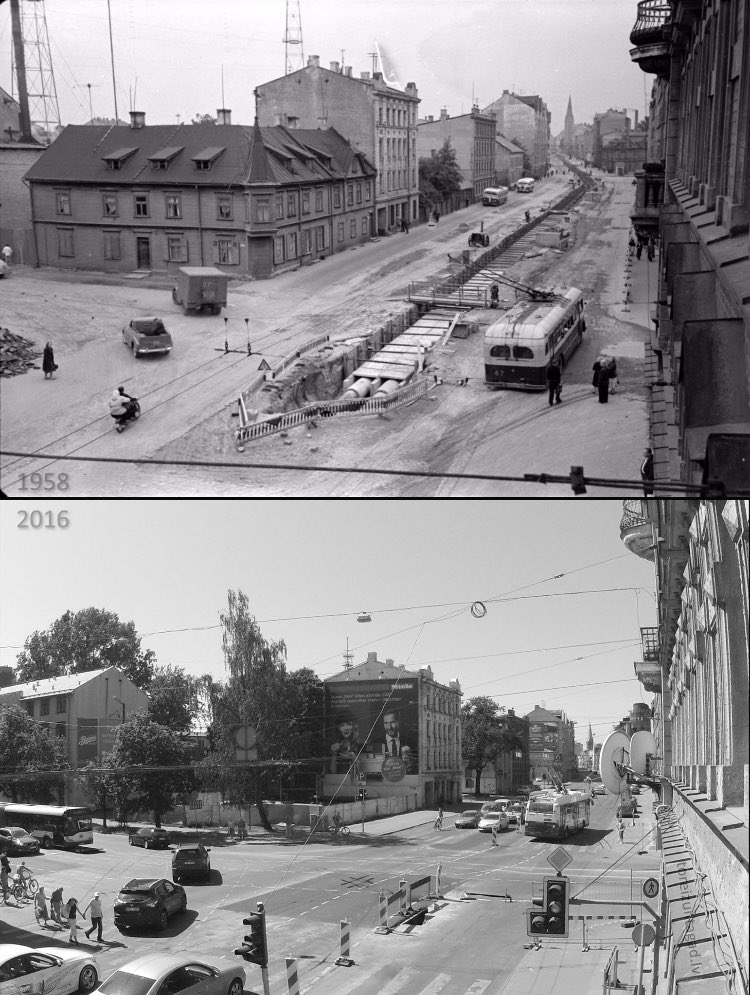Toreiz un tagad. Brīvības un Pērnavas ielas krustojums 1958. gadā Rīgā. Brīvības ielā notika siltumvada izbūve!