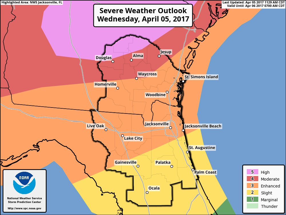 A particularly dangerous situation tornado watch is in effect until 8 PM for counties north &amp; west of Alma. High risk of severe storms #gawx