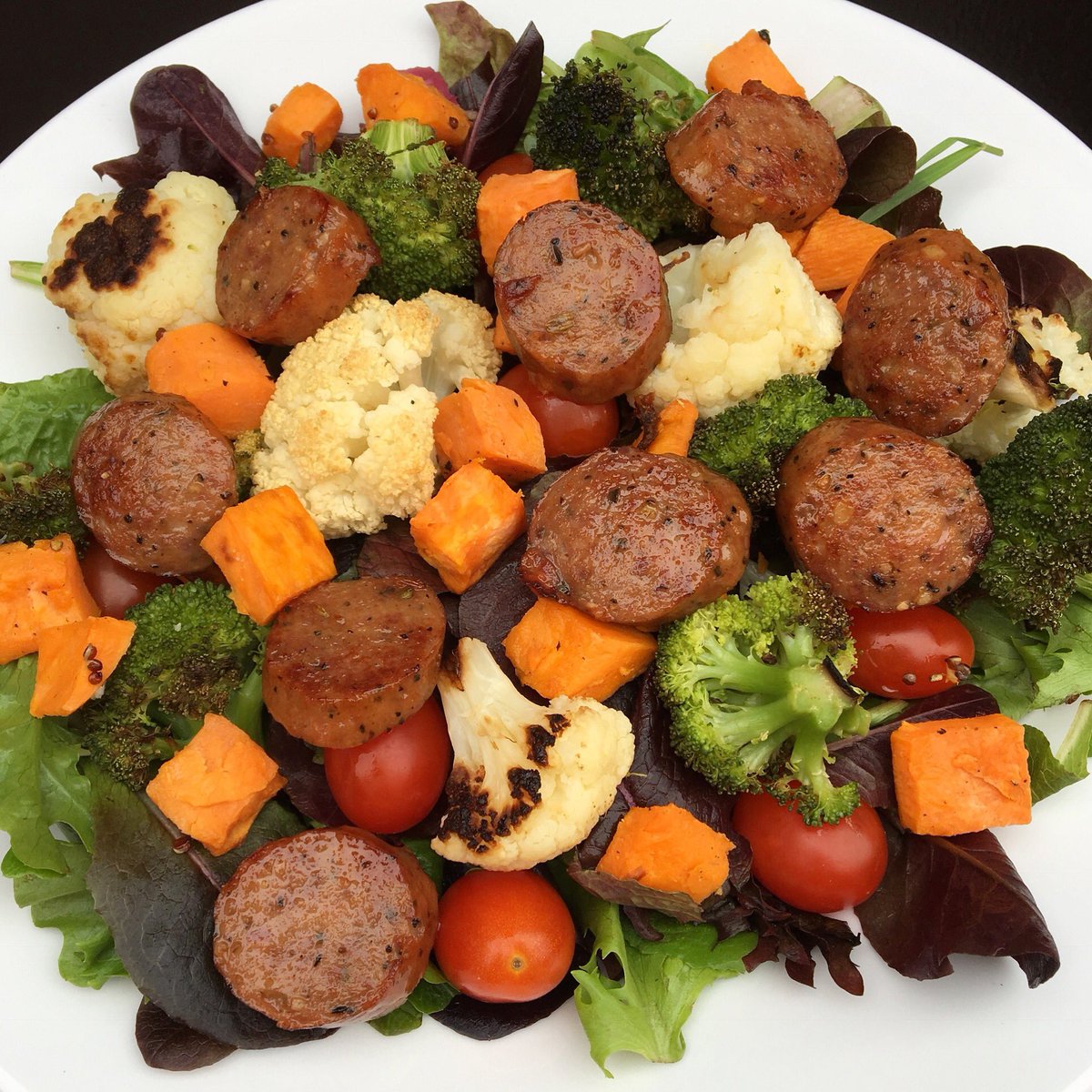Big #GlutenFree #DairyFree salad with our hot Italian #sausage, roasted broccoli &amp; cauliflower &amp; squash, &amp; tomatoes! #Kosher #JacksGourmet