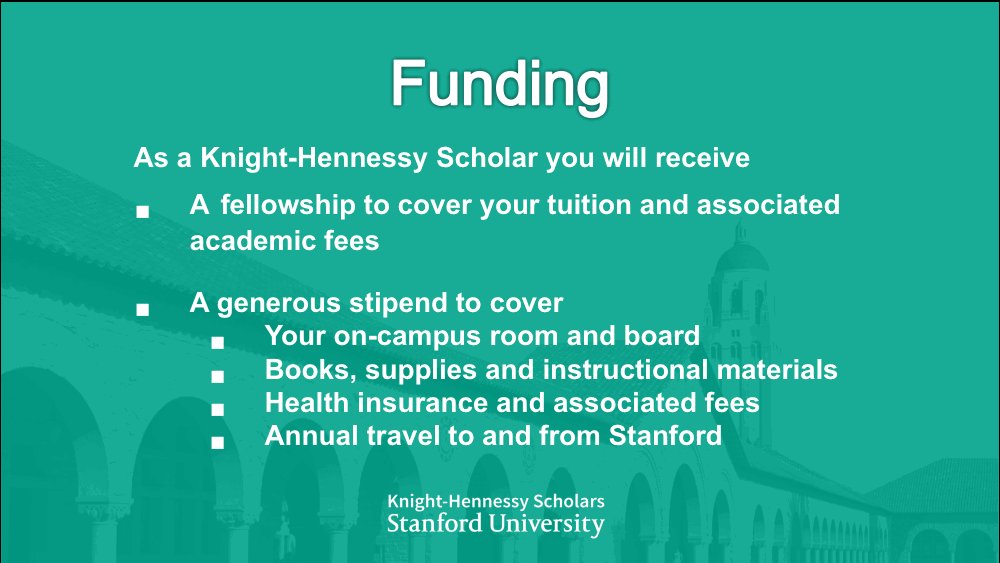 KnightHennessy's tweet image. As a Knight-Hennessy Scholar, you will receive a #fellowship that fully funds your #gradstudies at Stanford. Apply beginning in May 2017.