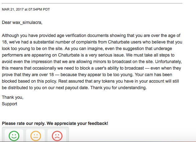 Simulacra_Wax's tweet photo. That's how Chaturbate treated one of their most loyal models...
#chaturbate #wax_simulacra #cam_model #chaturbate_banned #discrimination https://t.co/KgzuuqpxpO