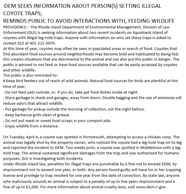 RIStateParks's tweet image. DEM SEEKS INFORMATION ABOUT PERSON(S) SETTING ILLEGAL COYOTE TRAPS;
REMINDS PUBLIC TO AVOID INTERACTIONS WITH, FEEDING WILDLIFE