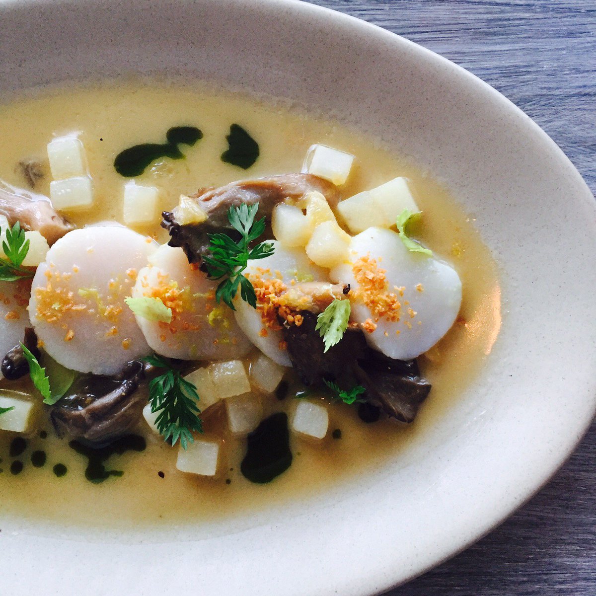 Poached scallops at <a href="/WatershedATL/">Watershed</a> are a light bite of spring. Read more here: goo.gl/SmB8Zs