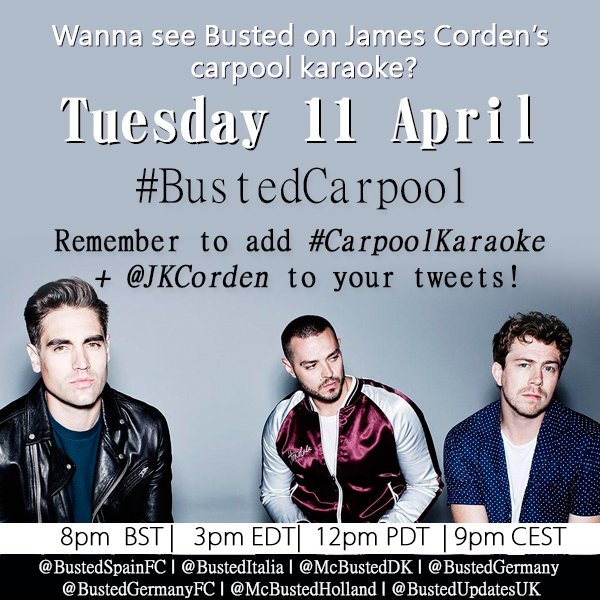 BustedUpdatesUK's tweet photo. on Tuesday 11th April we are attempting to get #BustedCarpool and #CarpoolKaraoke trending! we want @Busted in that car! everyone tweet! https://t.co/k9tR6L6W8t