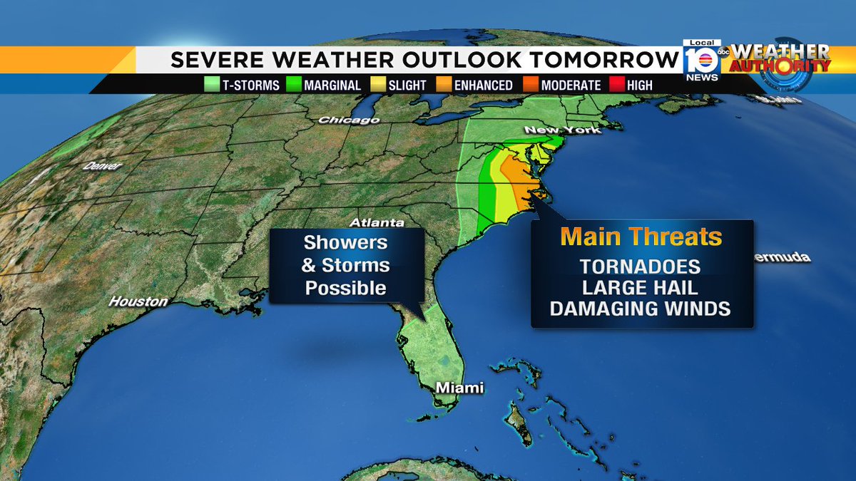 Greater risk for severe weather Thursday lies over Midatlantic region.  #SOFLO, can't rule out "general t'storm." https://t.co/SepL21G4bL